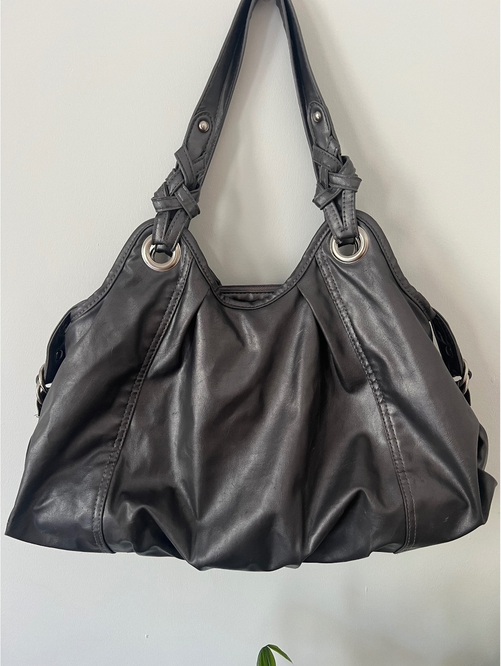 Gray Leather Hobo Shoulder Bag